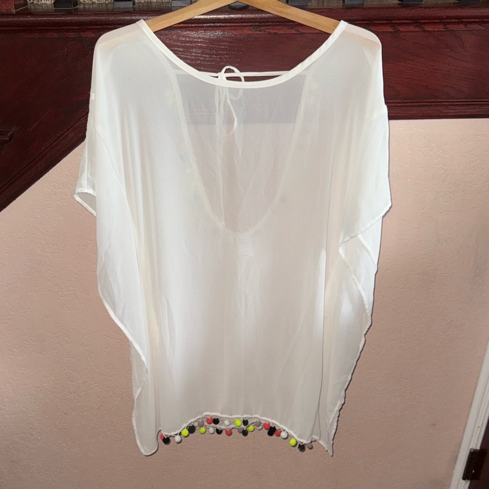 White Sheer Poncho with Colorful Pom Poms Swimwear Coverup Boho Beach Dress.